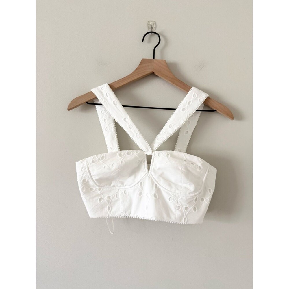 Zara White Eyelet Cotton Halter Crop Top - Size Small - Picture 2 of 6